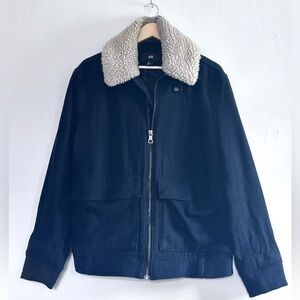 Wool-Blend Bomber Jacket with Sherpa Collar Navy Cream Size L